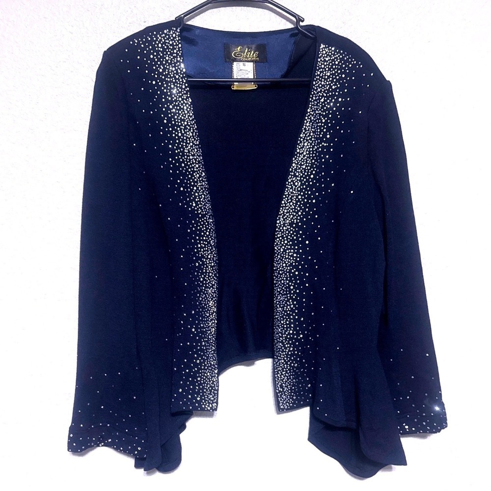 Elite‎ Champagne Blue Rhinestone Shrug Bolero Cardigan Sz 16 Luxury Easter
